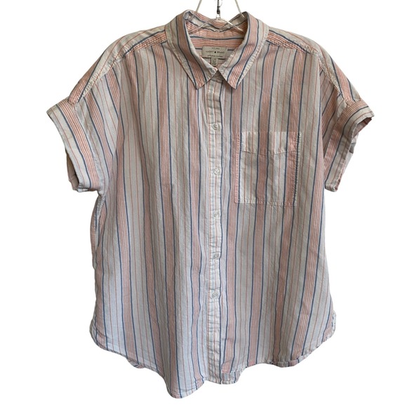 Lucky Brand Women's Lightweight Button Up Pastel Stripe Shirt - L - Picture 1 of 13